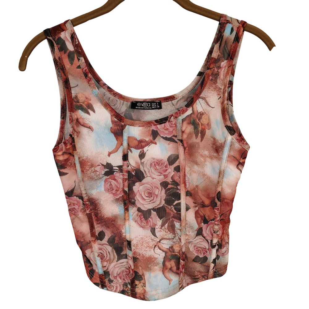 Womens SZ L Evra Mesh Corset Tank Top Multicolor Cherub Rose Angelcore Coquette